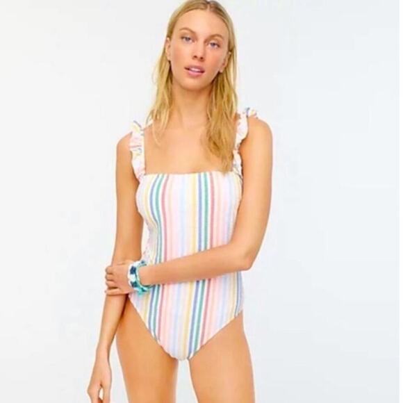 J. Crew Rainbow Striped Seersucker Ruffle Trim One-Piece Swimsuit Multi Size 8 - Picture 1 of 7